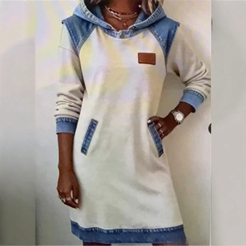 Damen nan Kapuzen-Sweatkleid mit Jeans-Applikationen, Kängurutaschen und lässigem Schnitt Drune