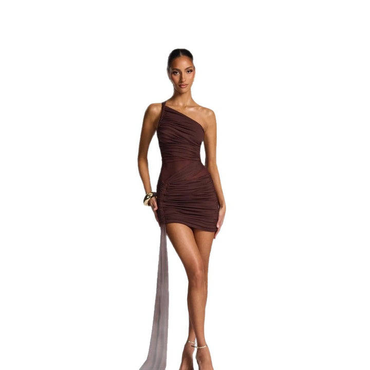 Damen Elegantes Ein-Schulter-Minikleid mit raffiniertem Drapierungsdesign und fließendem Rock Drune