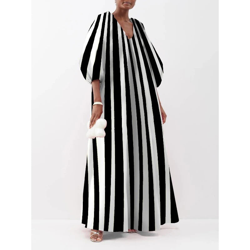 Damen gestreiftes Maxikleid mit Puffärmeln Drune
