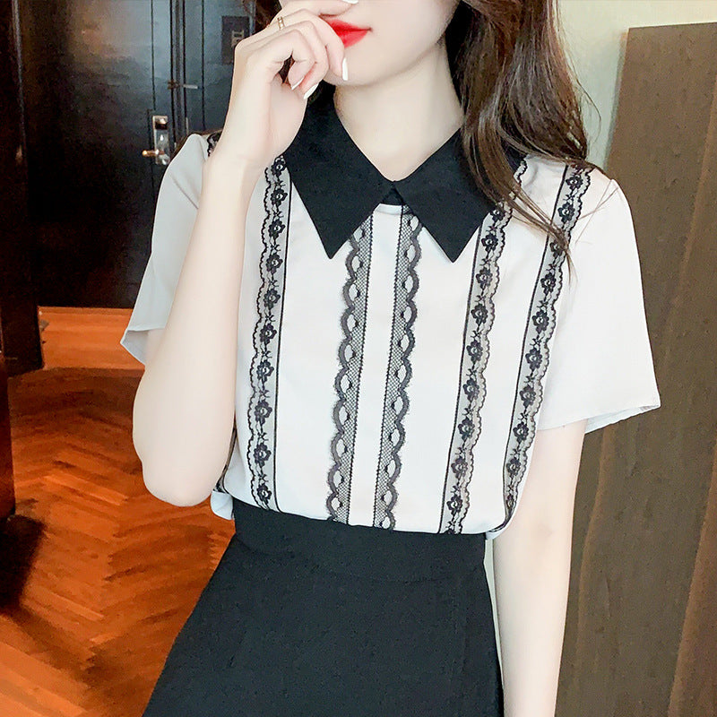 Damen Elegante Bluse mit Spitzen- und Streifenakzenten Drune