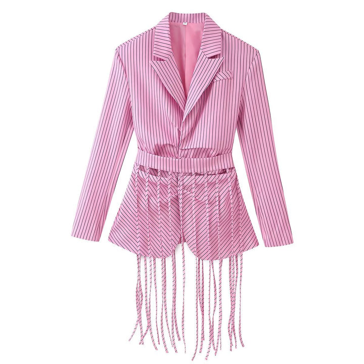 Damen 20+ taillierter Blazer mit Fransen-Detail und Nadelstreifen Drune