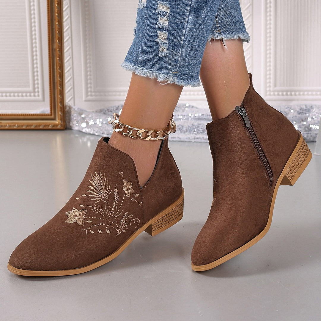 Damen Gestickte Ankle-Boots mit V-Cut und seitlichem Reißverschluss Drune