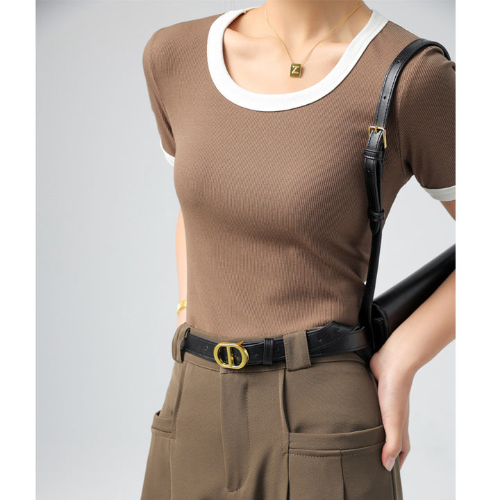 Damen kurzärmliges Shirt mit geometrischem Rippdesign und Kontrastdetails Drune