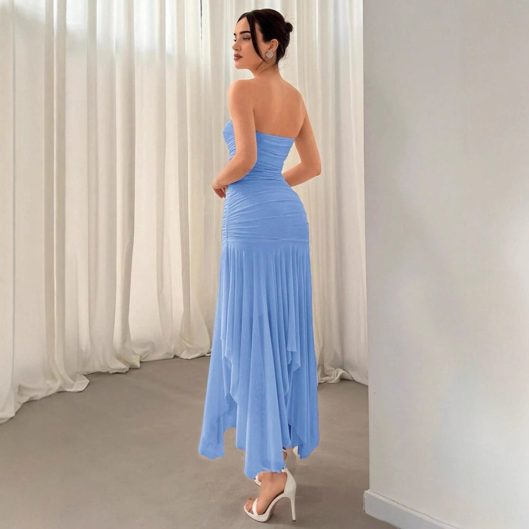 Damen Extravaganter Maxikleid mit Raffungen und asymmetrischem Saum Drune