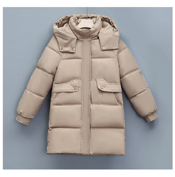 Damen nan langer thermogepolsterter Parka mit abnehmbarer Kapuze, verdecktem Reißverschluss und Klappentaschen Drune