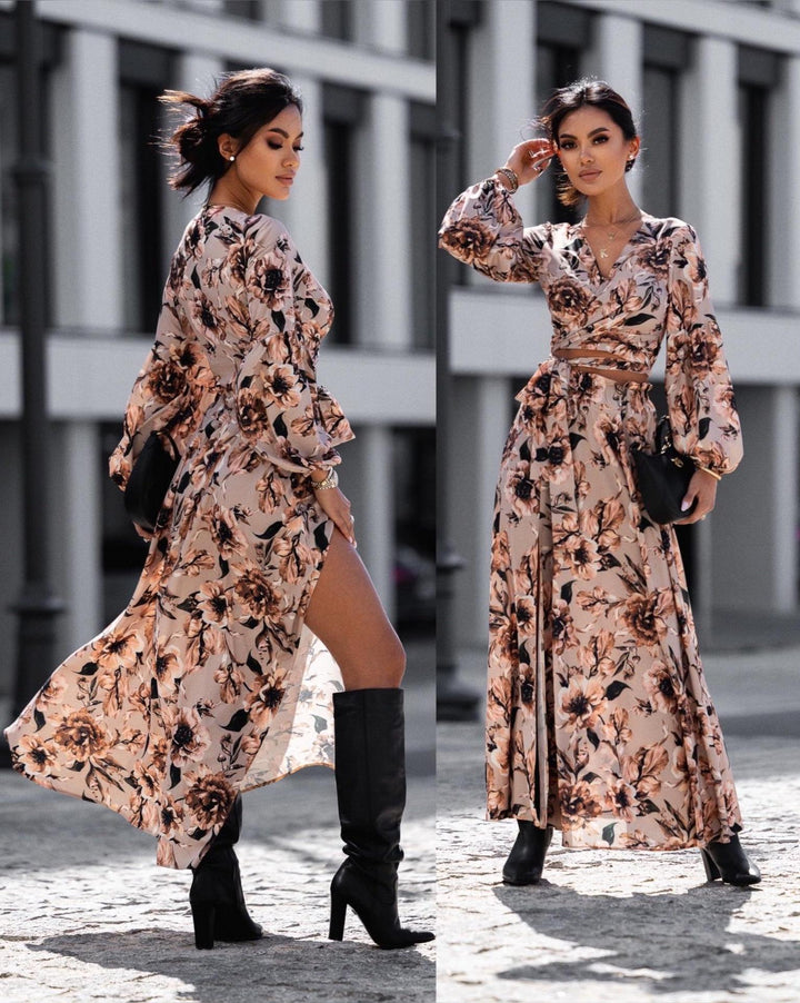 Damen Wickelmaxikleid mit festem Taillengürtel und raffinierten Volantärmeln Drune