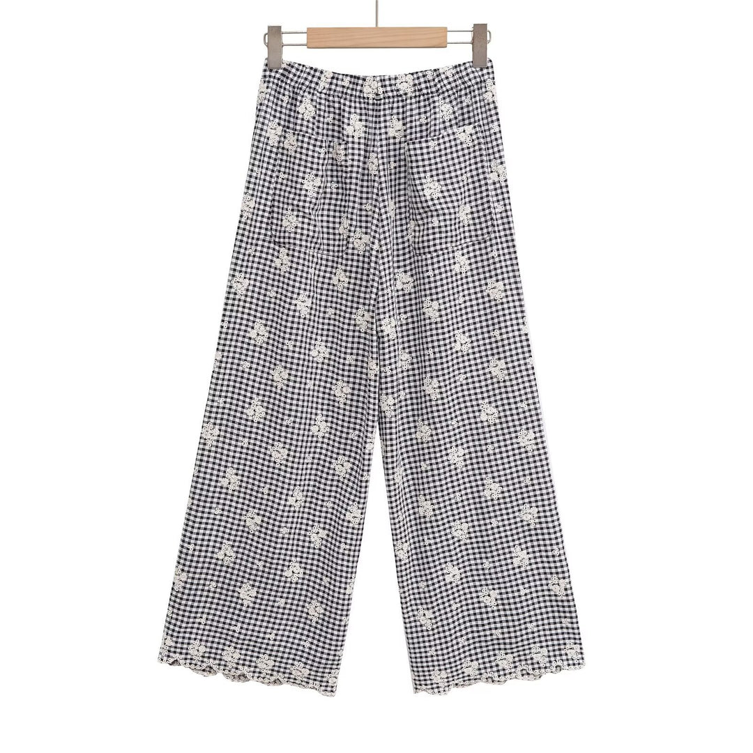 Damen weite Karottenhose mit floralem Gingham-Muster und eleganter Kantenverzierung Drune
