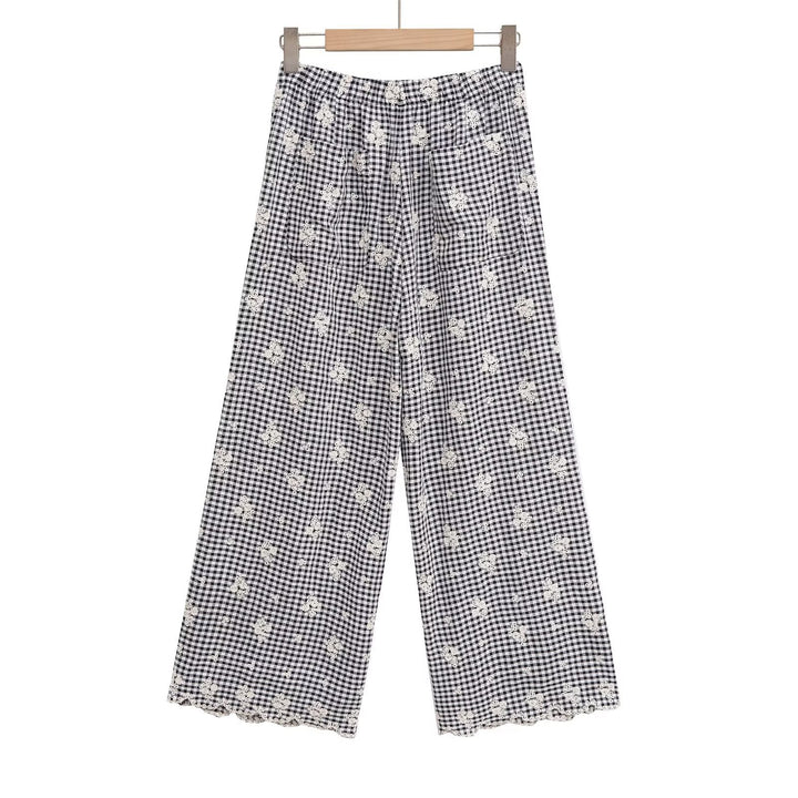 Damen weite Karottenhose mit floralem Gingham-Muster und eleganter Kantenverzierung Drune