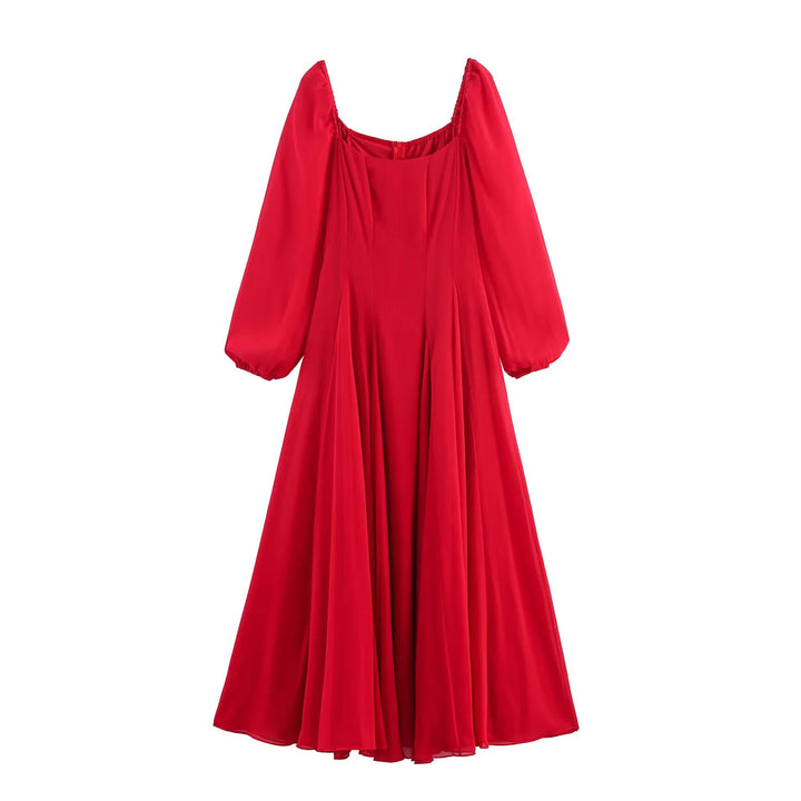 Damen nan langes Abendkleid mit ausgestelltem Rock, voluminösen Ballonärmeln und quadratischem Ausschnitt Drune