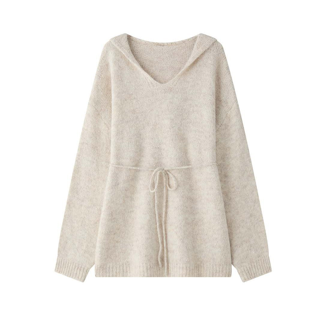 Damen Weicher Mohair‑Optik V‑Ausschnitt Pullover mit Tunnelzug‑Taillenband Drune