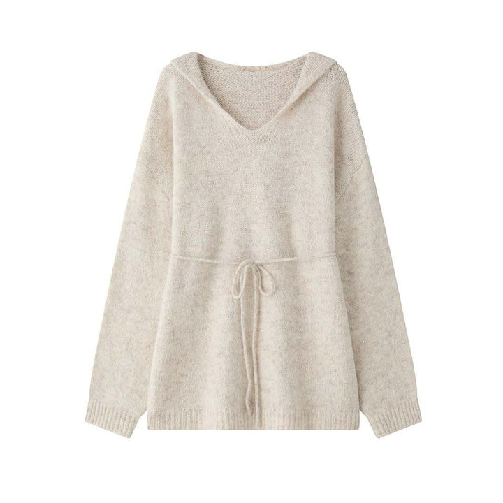 Damen Weicher Mohair‑Optik V‑Ausschnitt Pullover mit Tunnelzug‑Taillenband Drune