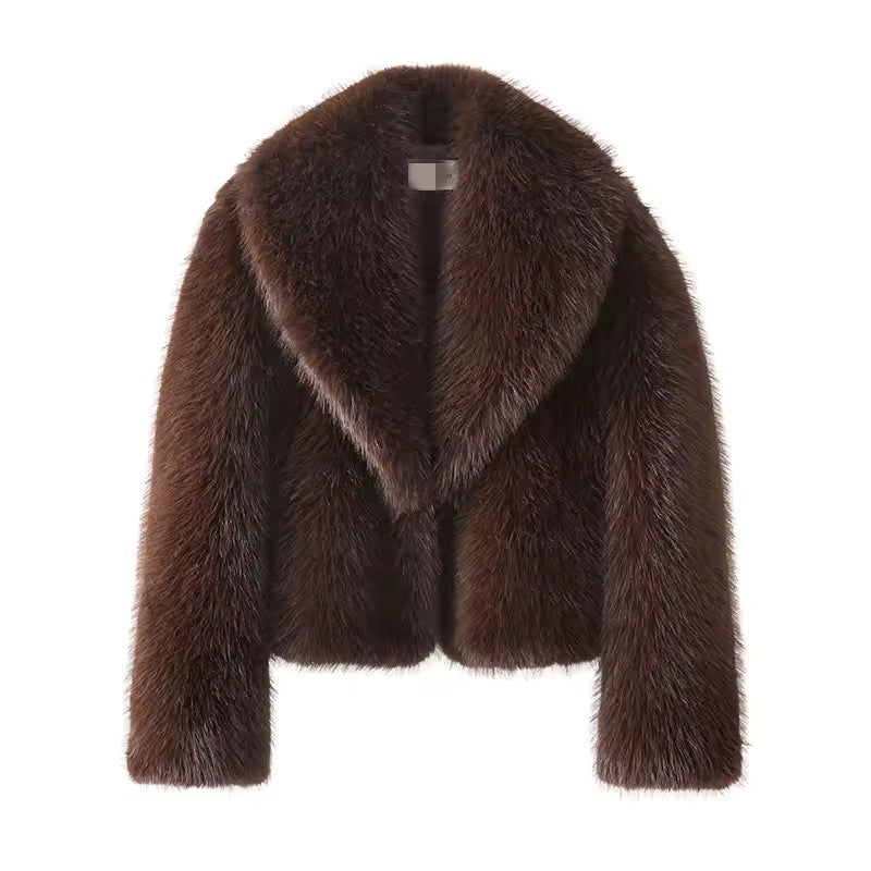 Damen Cropped Kunstpelz-Kurzjacke mit extravoluminösem Schalkragen Drune