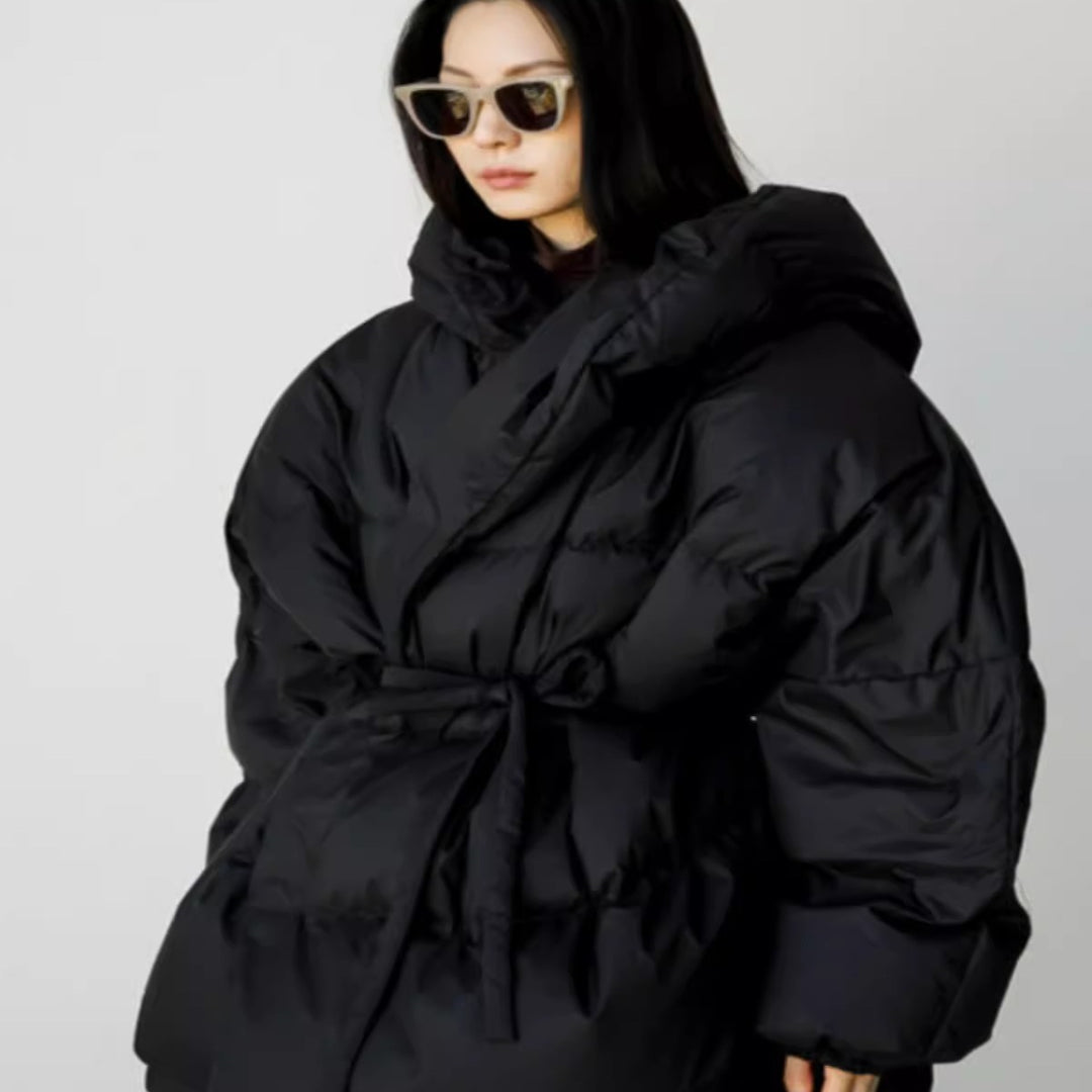 Damen Oversized Stepp-Winterjacke mit XXL-Kapuze und Kordeltaillenband Drune