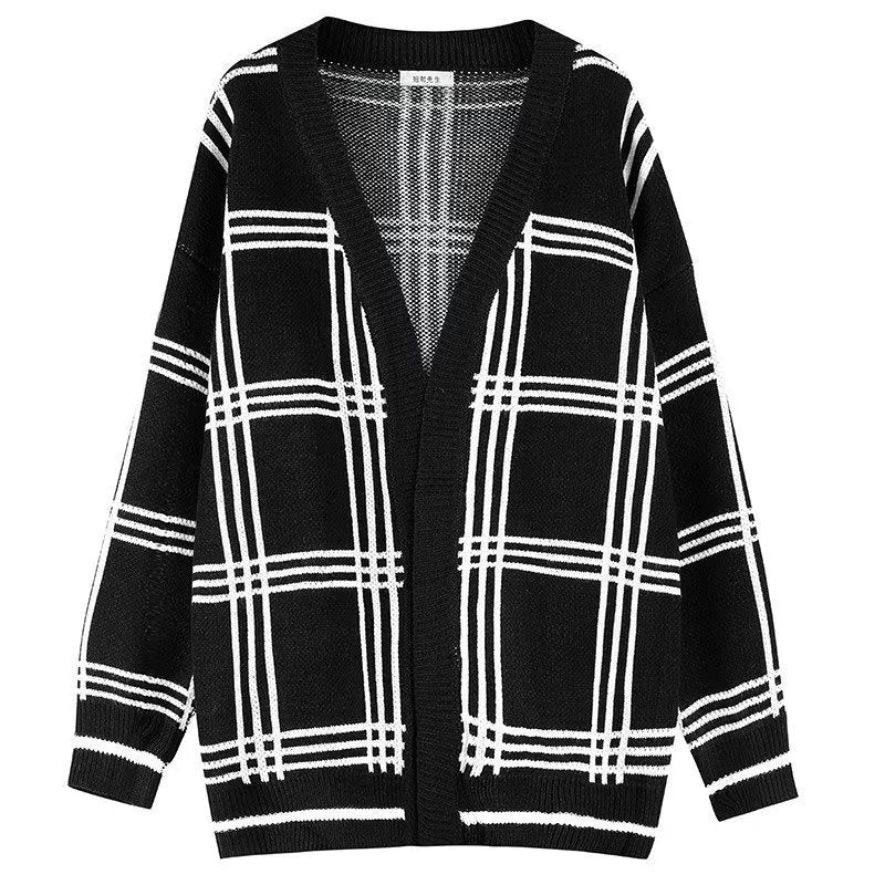 Herren Oversized Strickcardigan mit Karomuster und offener Front Drune