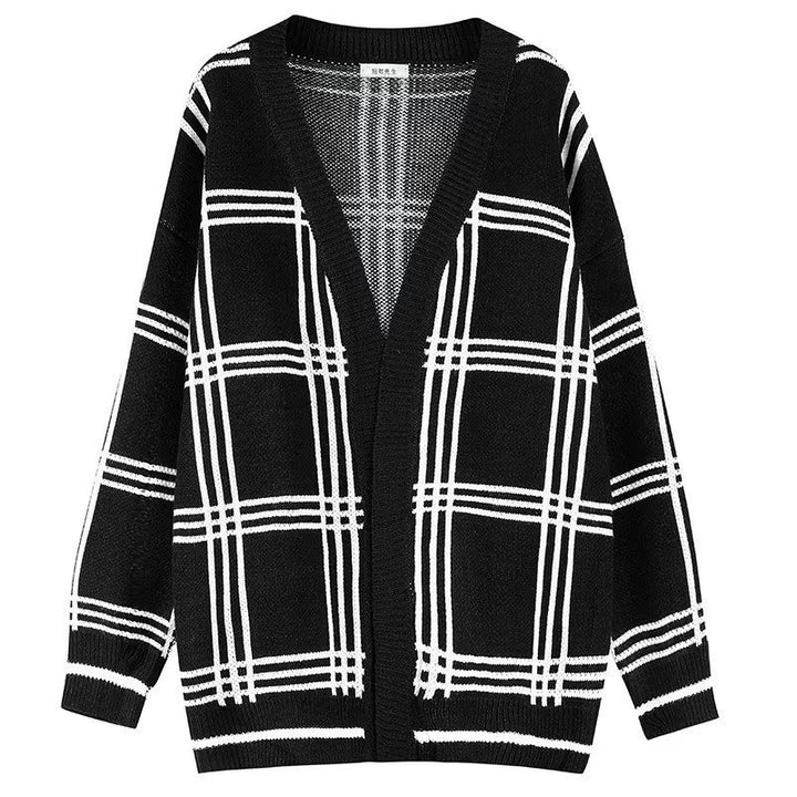 Herren Oversized Strickcardigan mit Karomuster und offener Front Drune