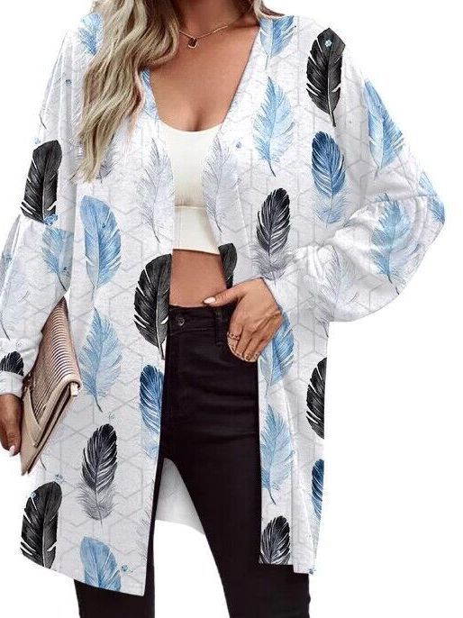 Damen Leichter Offener Longcardigan mit Federmotiv und Oversize-Ärmeln Drune