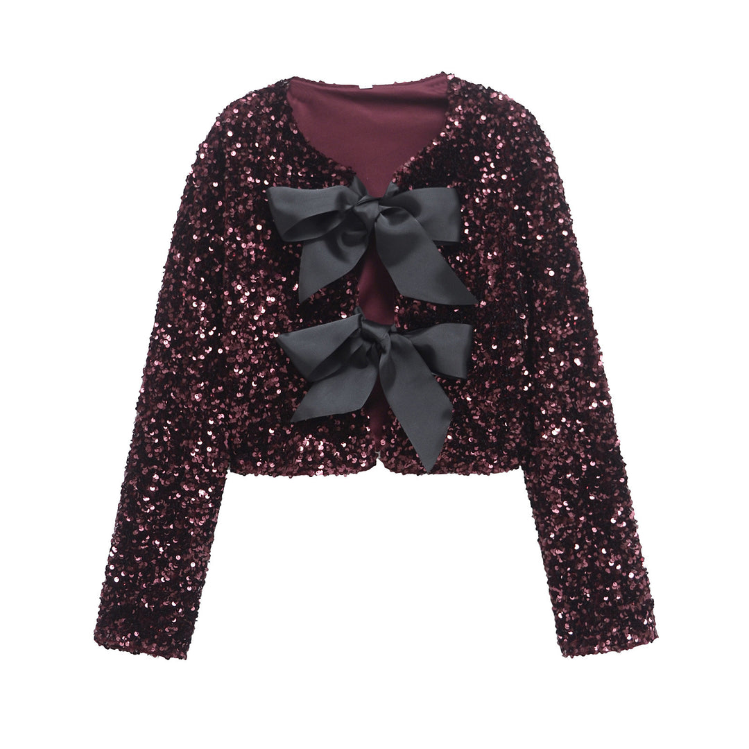 Damen nan Pailletten-Bolerojacke mit doppelschleifen-Verschluss, gefütterter Innenlage und tailliertem Cropped-Schnitt Drune