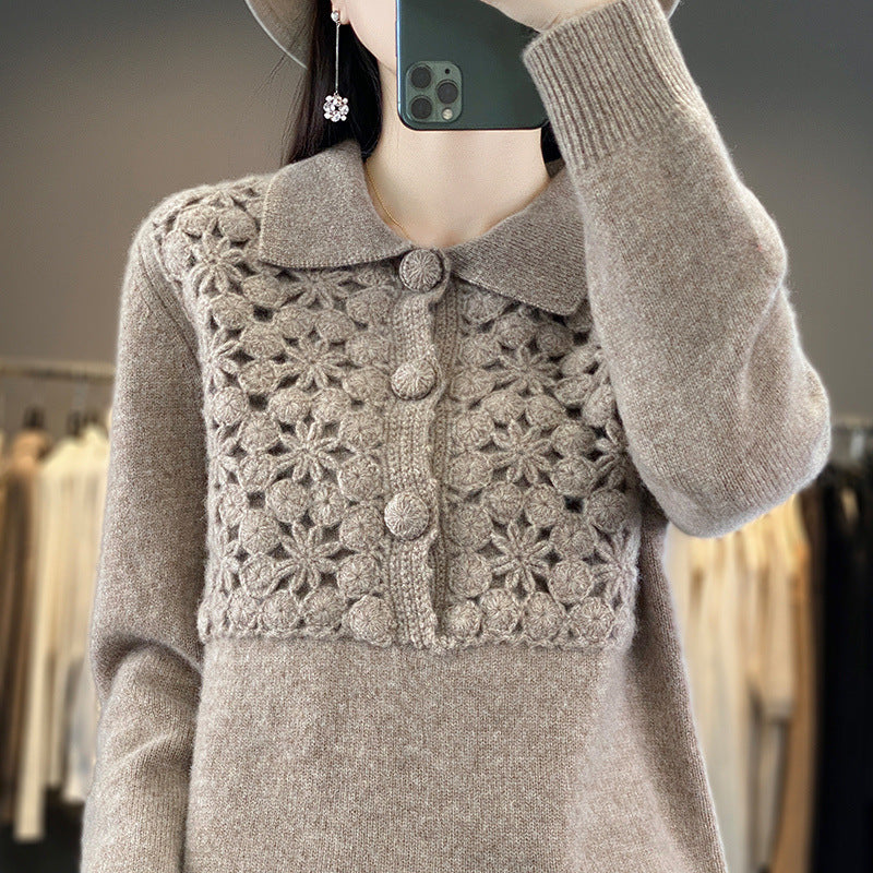 Damen Strickpullover mit gehäkelter Ajour‑Blende und Polokragen Drune