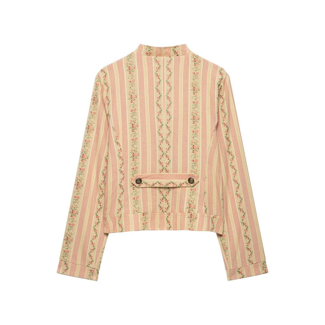 Damen Kurze Blousonjacke im Vintage‑Streifenmuster mit asymmetrischer Knopfleiste Drune