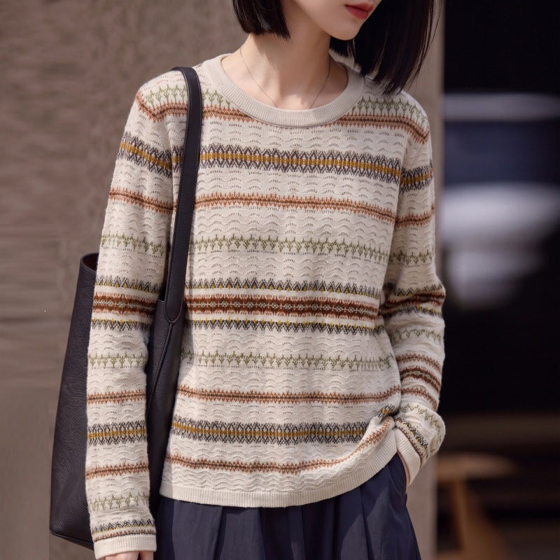 Damen Leichter Fair‑Isle Feinstrickpullover mit Rundhalsausschnitt und feiner Streifenstruktur Drune