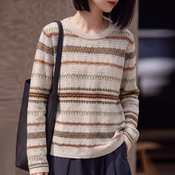 Damen Leichter Fair‑Isle Feinstrickpullover mit Rundhalsausschnitt und feiner Streifenstruktur Drune
