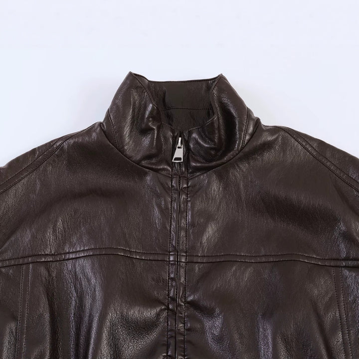 Damen Oversized Bomberjacke in Lederoptik mit hohem Stehkragen und gerafftem Taillenbund Drune