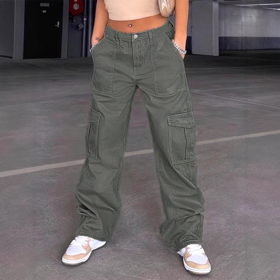 Damen Cargo-Hose mit weitem Bein, hoher Taille und Utility-Taschen Drune