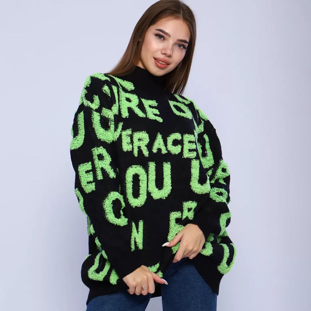 Damen Grobstrickpullover mit auffälligem Schriftzug und hohem Kragen Drune