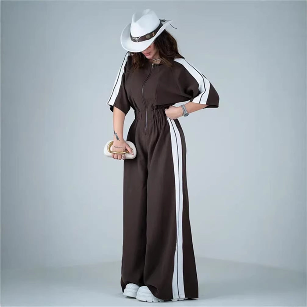 Damen Langer Jumpsuit mit Taillengebund und Kontraststreifen