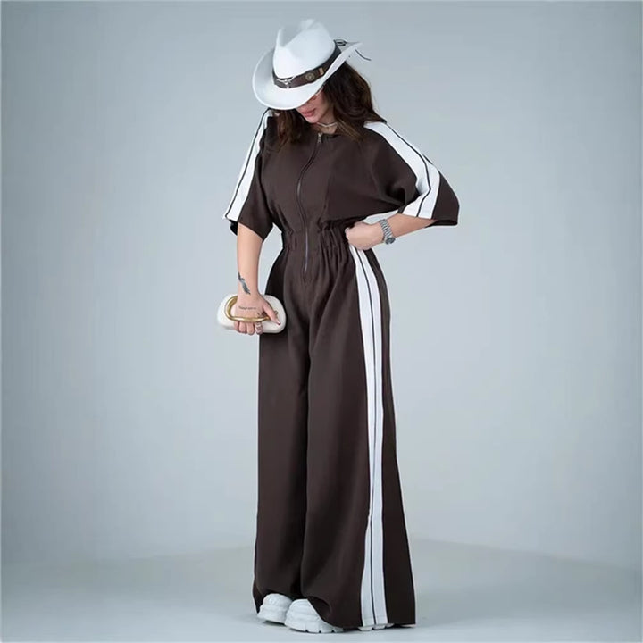 Damen Langer Jumpsuit mit Taillengebund und Kontraststreifen
