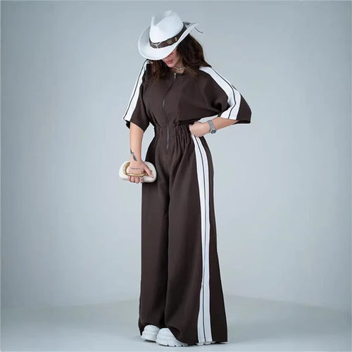 Damen Langer Jumpsuit mit Taillengebund und Kontraststreifen