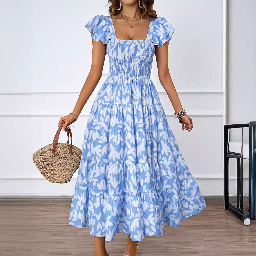 Damen Maxikleid mit voluminösen Rüschendetails und schwingendem Rock Drune