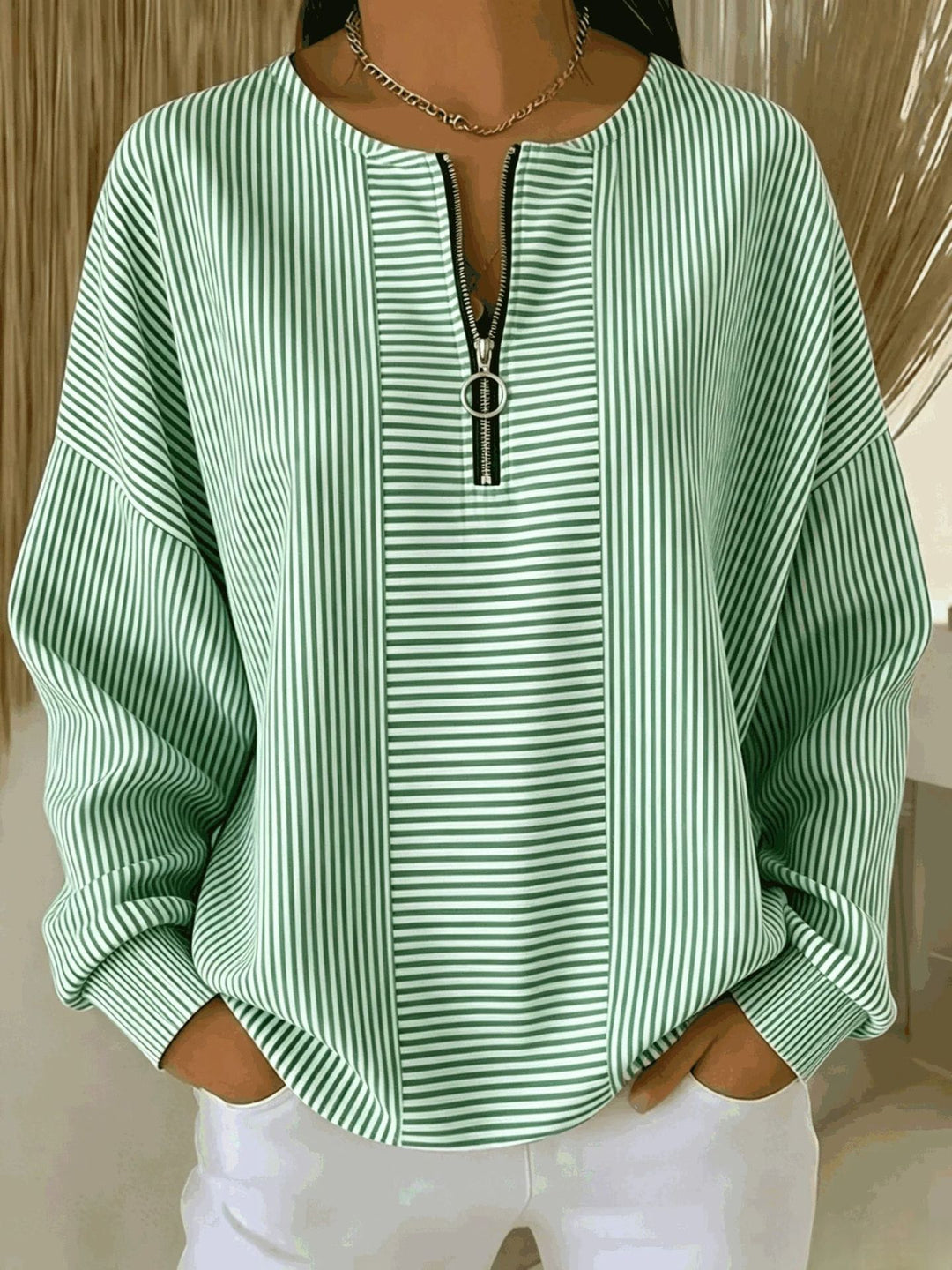 Damen Oversize Pullover mit feiner Rippstruktur und kurzem Zipper Drune