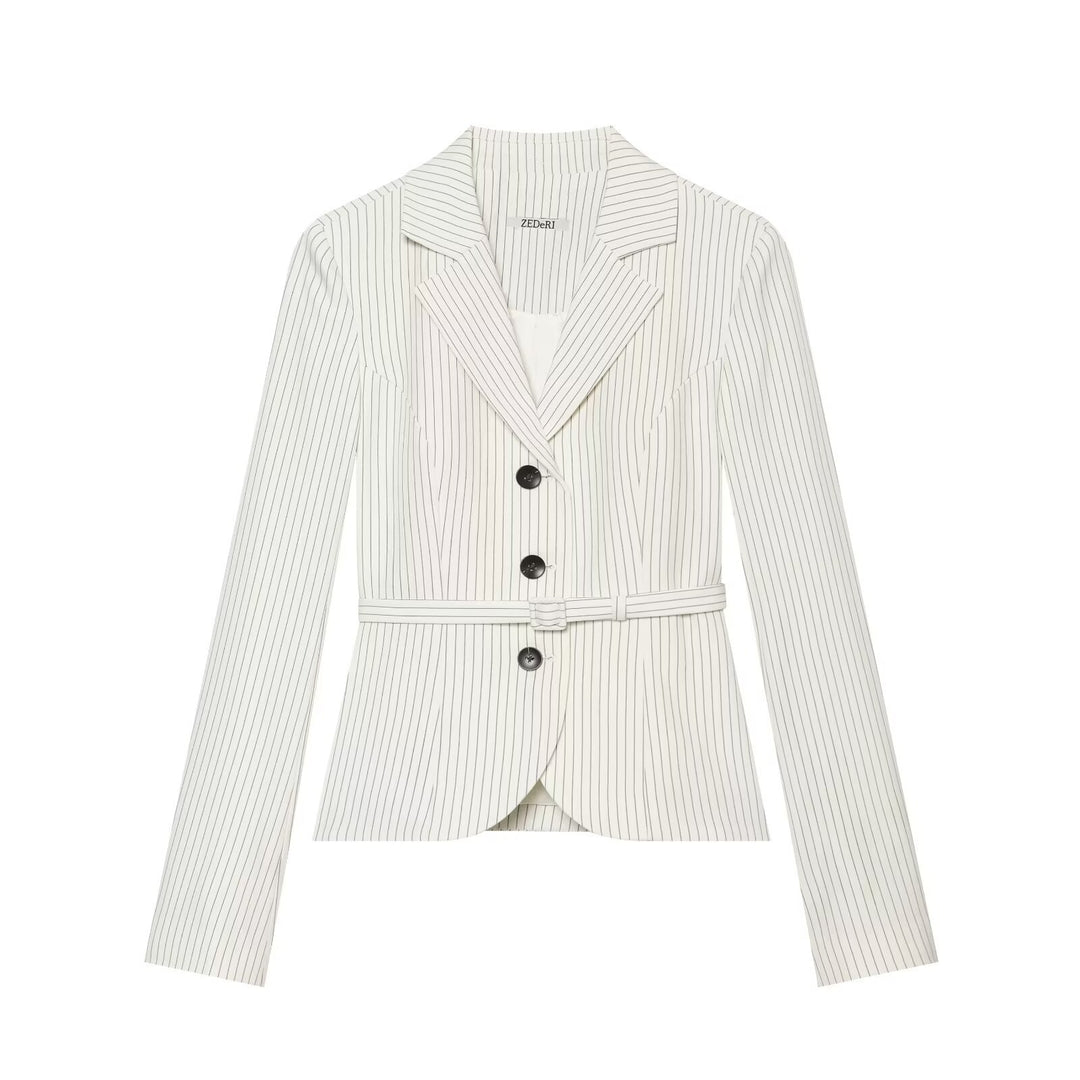 Damen Taillierter Nadelstreifen-Blazer mit Gürtel und Dreiknopfverschluss Drune