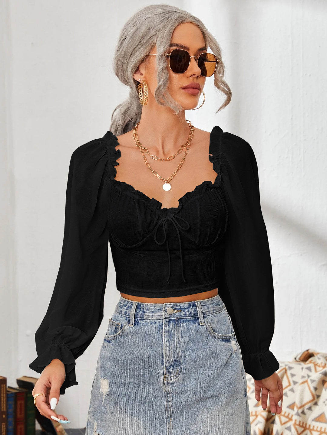 Damen Cropped-Bluse mit Rüschen und eleganten Puffärmeln Drune