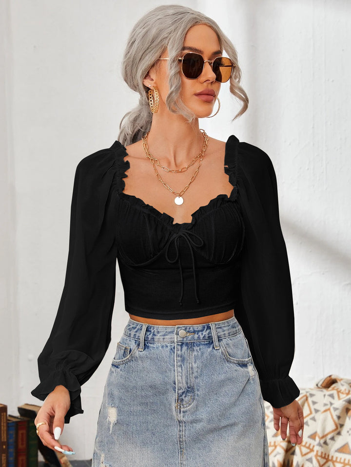 Damen Cropped-Bluse mit Rüschen und eleganten Puffärmeln Drune