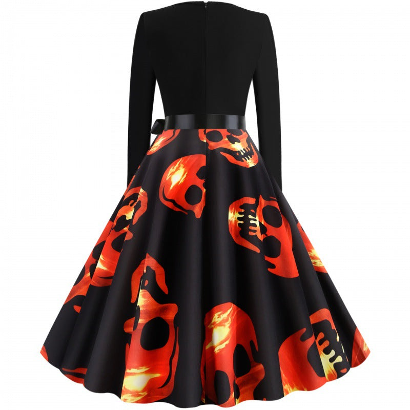 Damen Vintage Swing-Kleid mit tailliertem Oberteil, Tellerrock und großflächigem Totenkopf-Print Drune