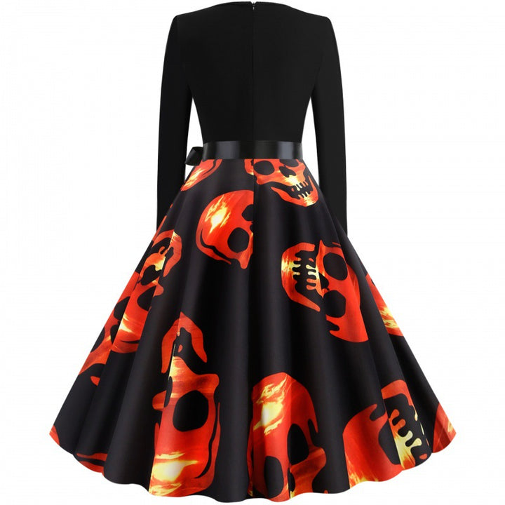 Damen Vintage Swing-Kleid mit tailliertem Oberteil, Tellerrock und großflächigem Totenkopf-Print Drune