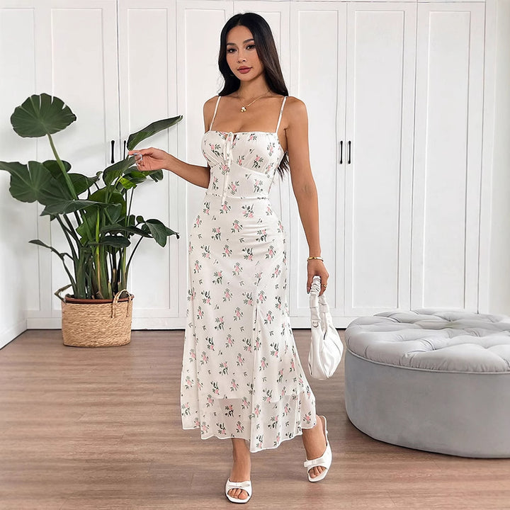 Damen Maxikleid mit feinen Spaghetti-Trägern und floralem Druck Drune