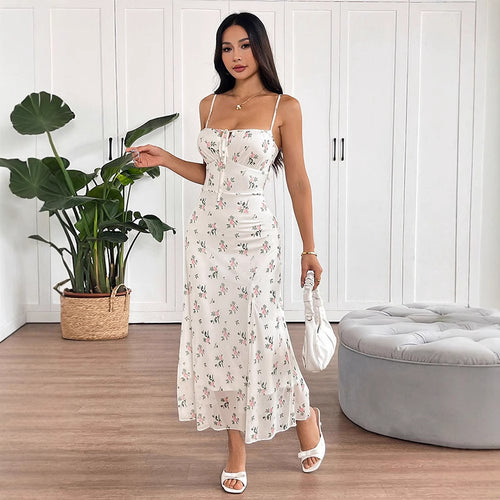 Damen Maxikleid mit feinen Spaghetti-Trägern und floralem Druck Drune