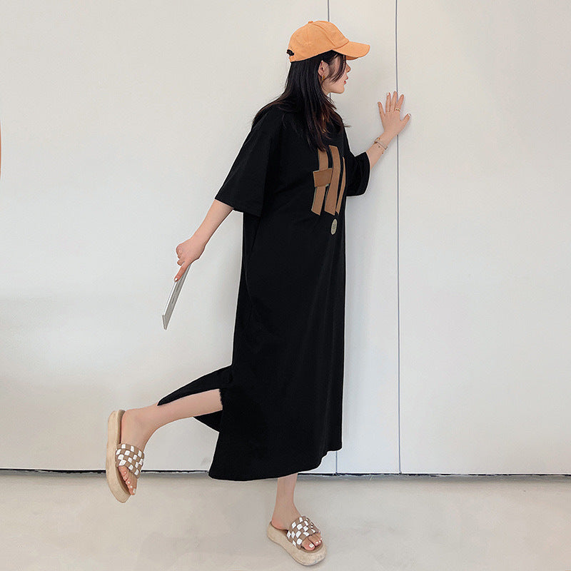 Damen Langarmkleid mit kreativem Grafikdruck und lockerem Schnitt