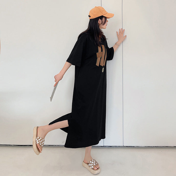 Damen Langarmkleid mit kreativem Grafikdruck und lockerem Schnitt