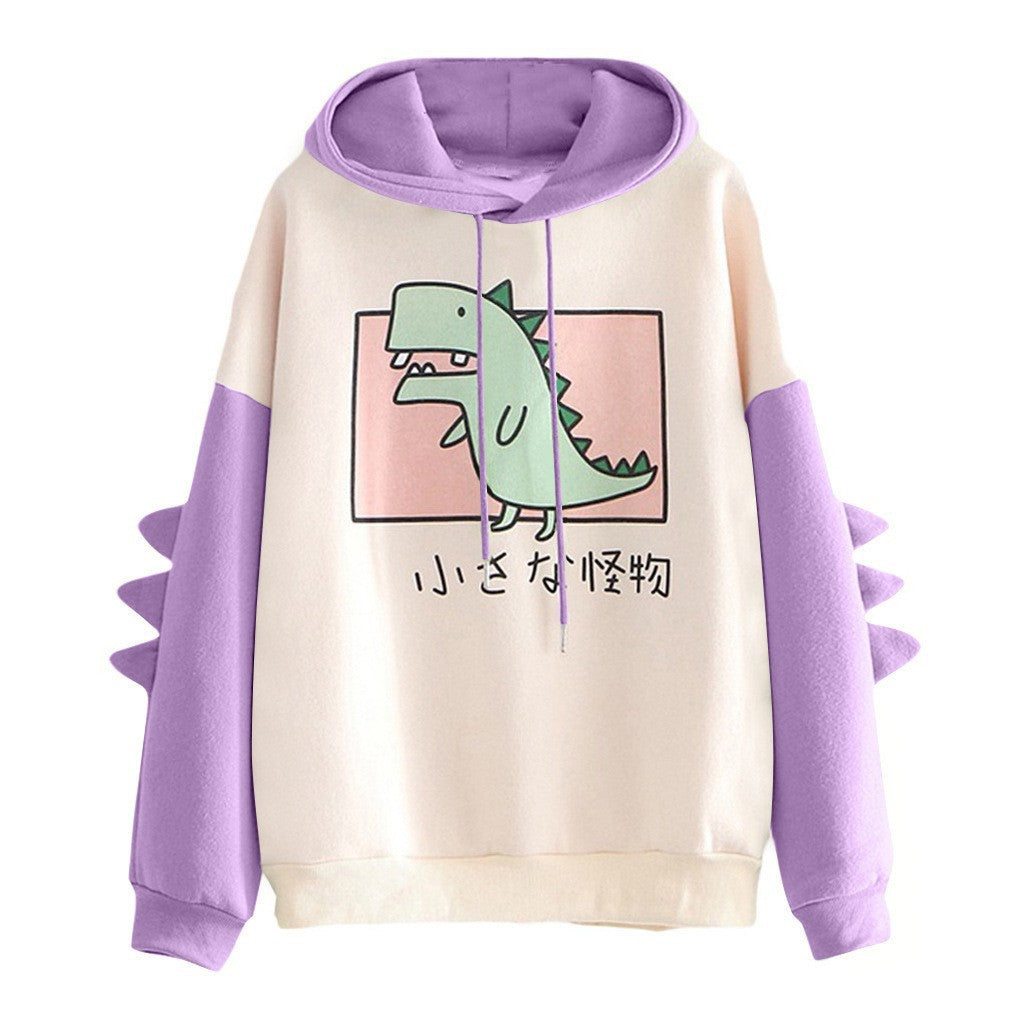 Damen nan weiter Kapuzenpullover mit dreidimensionalen Rückenstacheln und niedlichem Dino-Print Drune