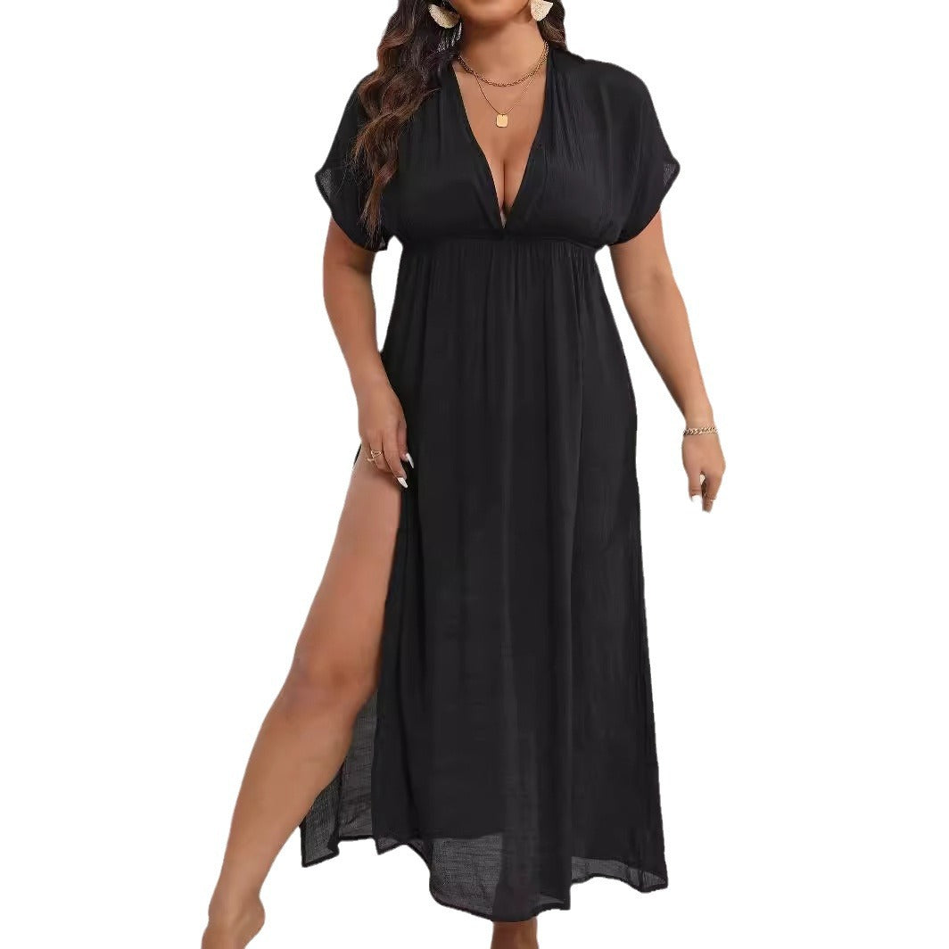 Damen luftiges Maxikleid mit tiefem V-Ausschnitt und seitlichen Schlitzen Drune