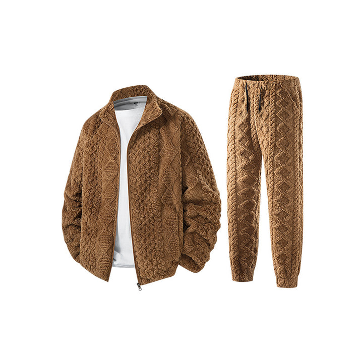 Herren Fleece-Set mit strukturierter Strickoptik, Reißverschlussjacke und Joggerhose Drune