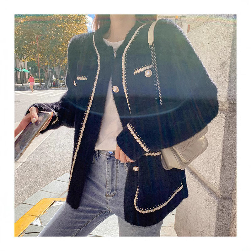 Damen modische Strickjacke mit eleganten Kontrastnähten und Knopfdetails Drune