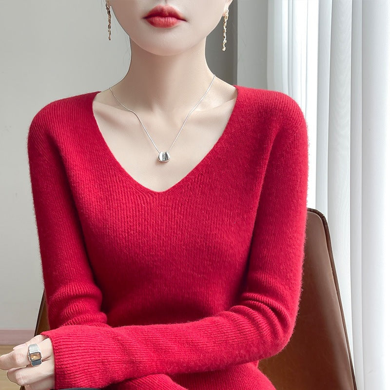 Damen Schmal geschnittener V‑Ausschnitt-Feinstrickpullover mit feiner Rippenstruktur und weicher Haptik Drune