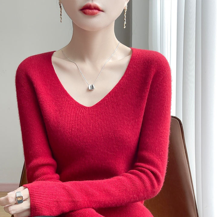Damen Schmal geschnittener V‑Ausschnitt-Feinstrickpullover mit feiner Rippenstruktur und weicher Haptik Drune