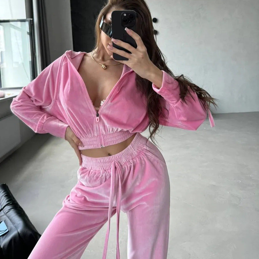 Damen luxuriöser Samt Zweiteiler Jogginganzug mit Cropped Reißverschluss und weiten Hosen Drune