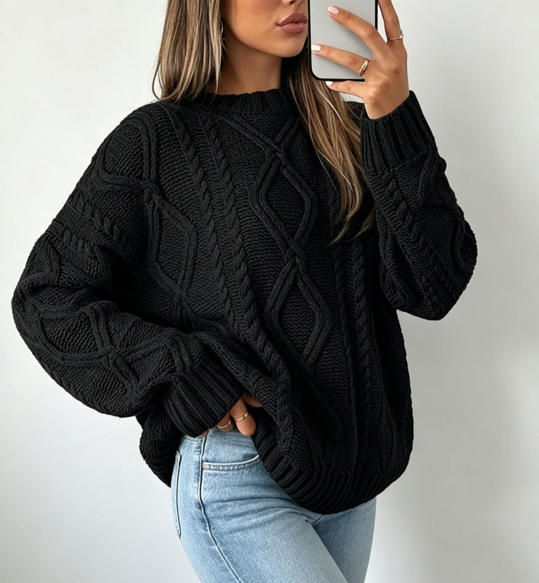 Damen Oversize Flechtstrick-Pullover mit Zopfmuster und Rundhals Drune